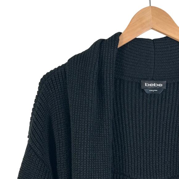 Bebe Longline Open Front Ribbed Knit Duster Cardigan Black - Picture 3 of 11